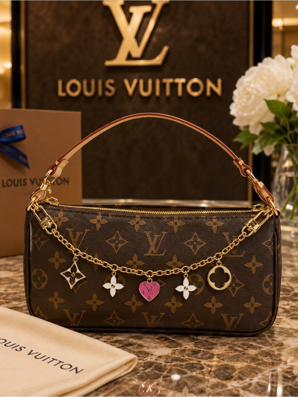 Louis Vuitton stamped Gold tone Bag Chain and Pink LV stamped Heart Charm